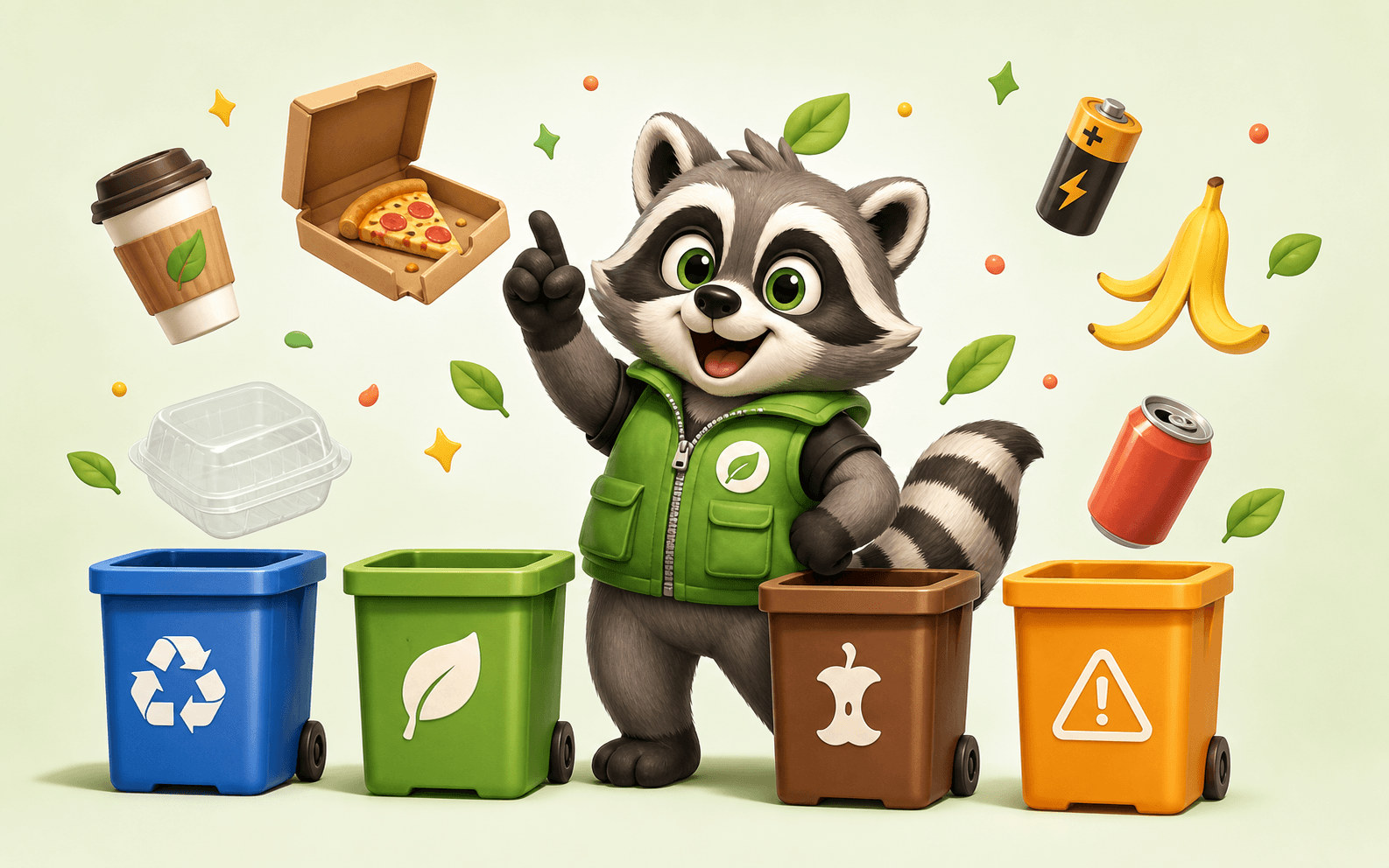 RefuseRush raccoon mascot with sorting bins and game UI